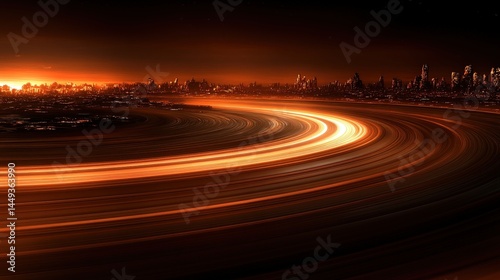 Obraz na płótnie A swirling, orange path around a city at dusk. w salonie