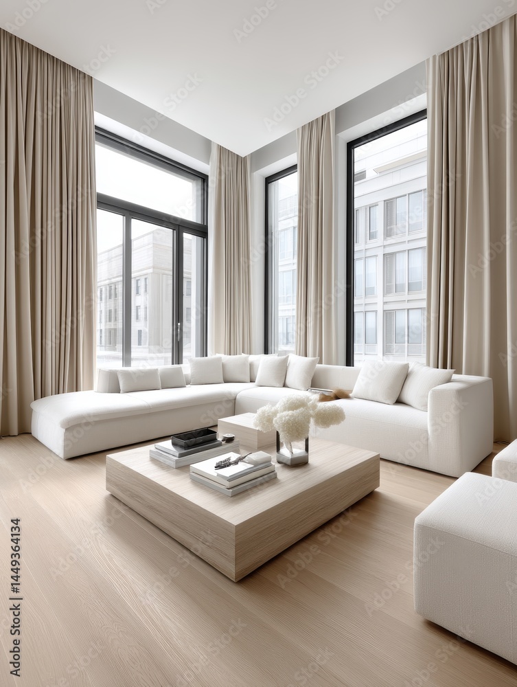Sunlit living room, white wall, minimalist decor, large windows, bright furniture - neat luxury contemporary