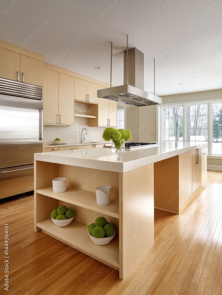 Sunlit maple kitchen with white countertops and open shelving - white design elegant cooking