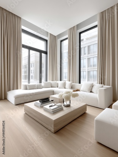 Obraz na płótnie Sunlit living room, white wall, minimalist decor, large windows, bright furniture - neat luxury contemporary w salonie