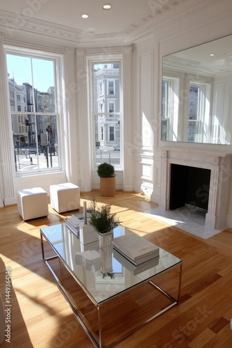 Sunlit living room, gleaming hardwood floors, modern fireplace, stylish decor - chic light spacious cushion