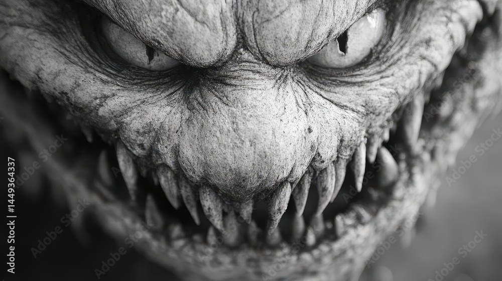 Close-up of a menacing, grotesque monster face.