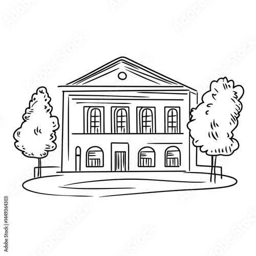 Museum Building Sketch with Trees in a Minimalist Style  