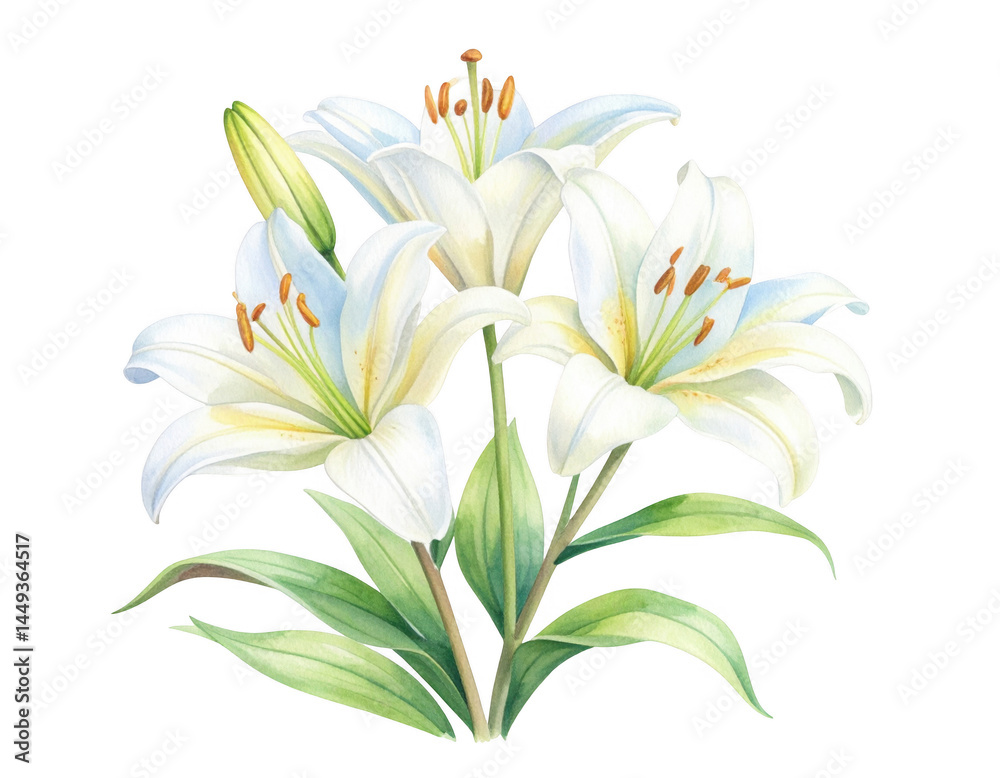 Fototapeta premium Delicate White Lilies in Bloom with Lush Green Leaves and Stems