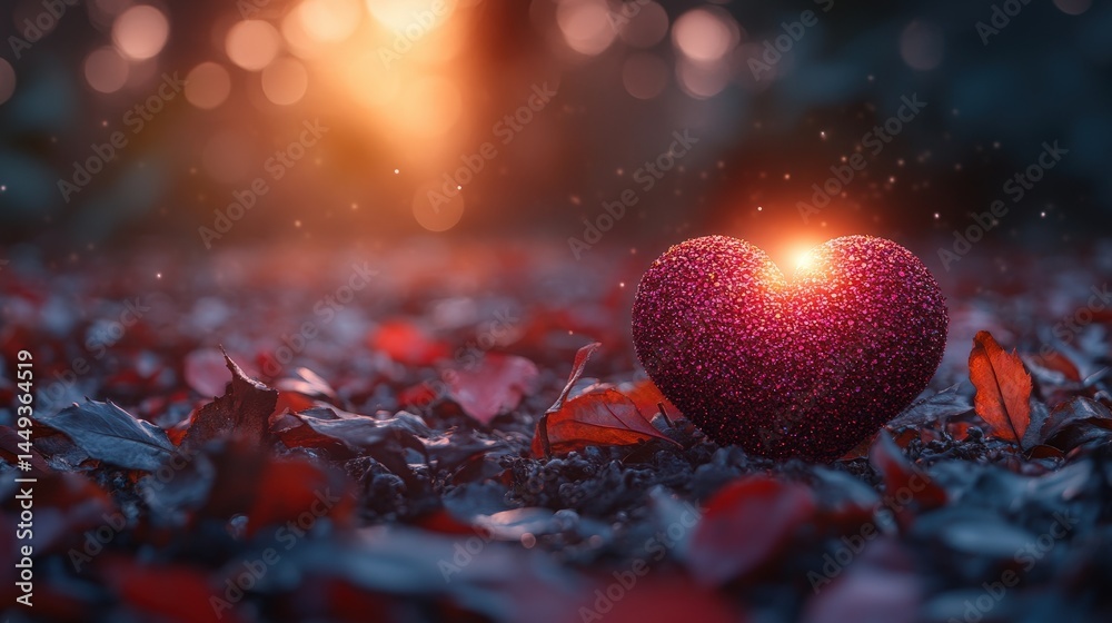 A luminous heart nestled amongst fallen leaves at dusk.