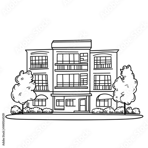Single-line drawing of a motel surrounded by trees  