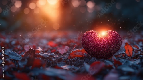 Obraz na płótnie A luminous heart nestled amongst fallen leaves at dusk. w salonie