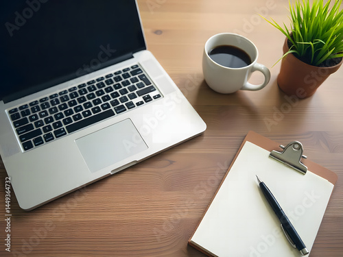 Flat Lay Desk Setup with Laptop Coffee Notepad and Warm Lighting