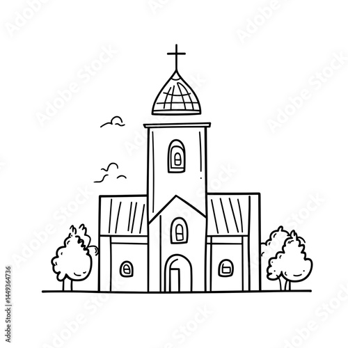 Monastery building illustration with trees and birds  