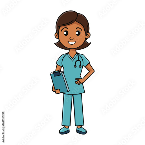 Latina Nurse Silhouette Vector with Clipboard and Scrubs on White