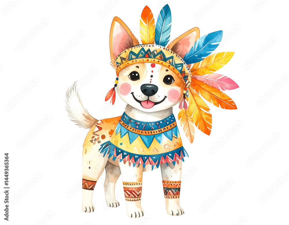 Obraz premium A cute cartoon dog wearing a colorful tribal costume, standing and smiling. The costume includes feathers, geometric patterns, and natural fabrics. 