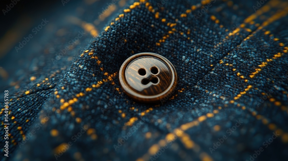 Close-up view of a dark wooden button on a textured fabric.