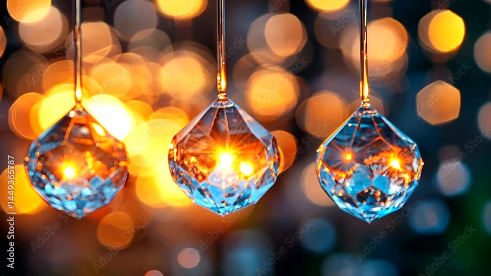 Three hanging crystals lit from within.