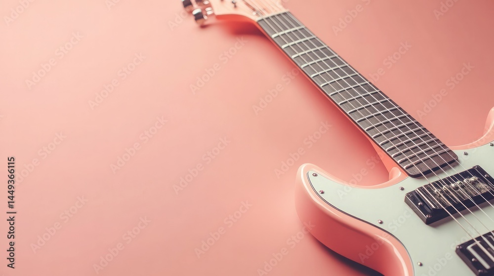 Obraz premium Close-up of a pink electric guitar with a sleek design, detailed fretboard, and white pickguard, set against a solid pastel pink background for music and instrument themes