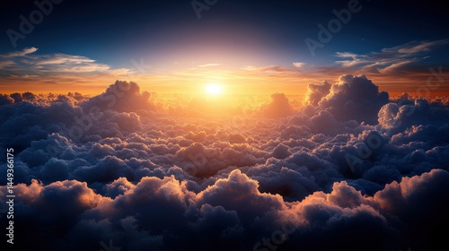 High-altitude view of a vibrant sunset above cumulus clouds.