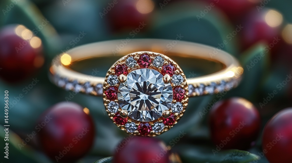 Close-up view of a dazzling halo engagement ring.