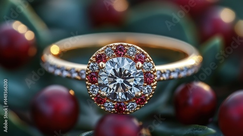 Obraz na płótnie Close-up view of a dazzling halo engagement ring. w salonie