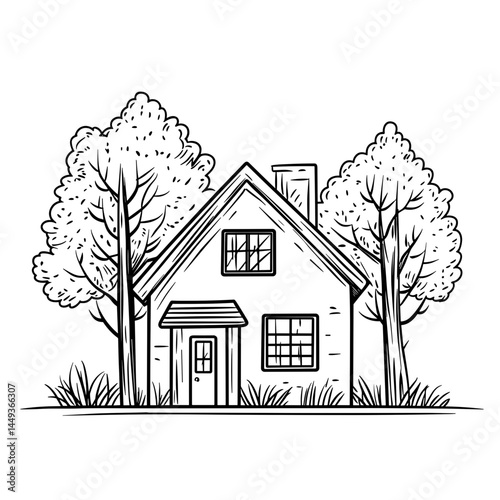 Hand-drawn house surrounded by trees and grass in a simple style - Concept of travel