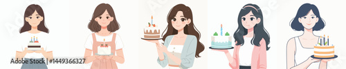 Set Vector of smiling young woman holding birthday cake