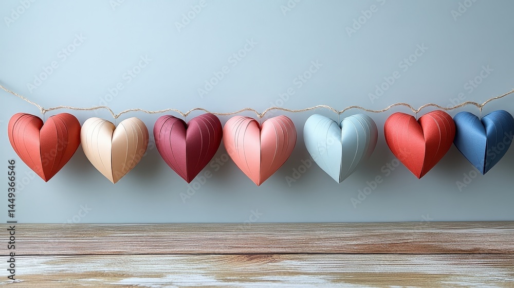 Colorful paper hearts strung on a light background.