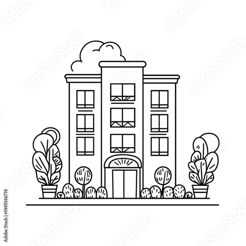 Line drawing of a hotel building with plants and clouds in background  