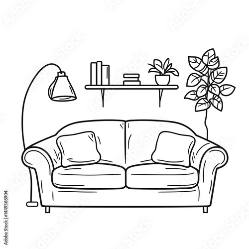 Cozy living room with a sofa, lamp, books, and houseplant in outline  