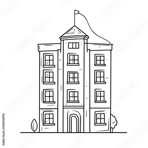 Hostel building sketch with windows and a flag in a simple style  
