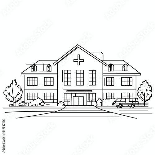 Line drawing of a hospital building with trees and parked car  