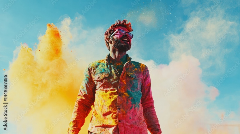 Fototapeta premium Vibrant Color Festival Celebrant Celebrating with Bright Powder Paints in the Air Du Color Run or Holi Celebration with Sunny Sky Background