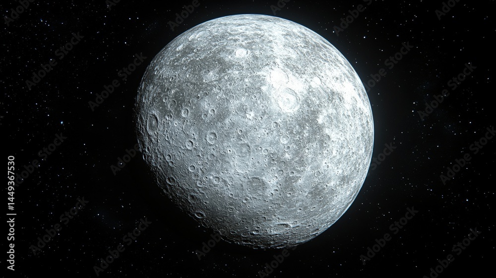 Detailed illustration of a gray moon in the night sky.