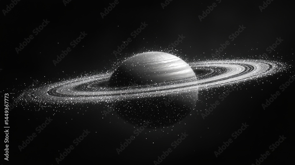 Monochromatic illustration of a ringed planet in space.