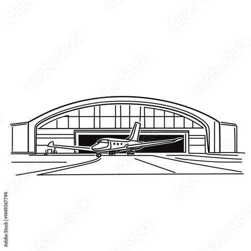 Airplane parked outside a hangar in minimalist line art style - Concept of travel  