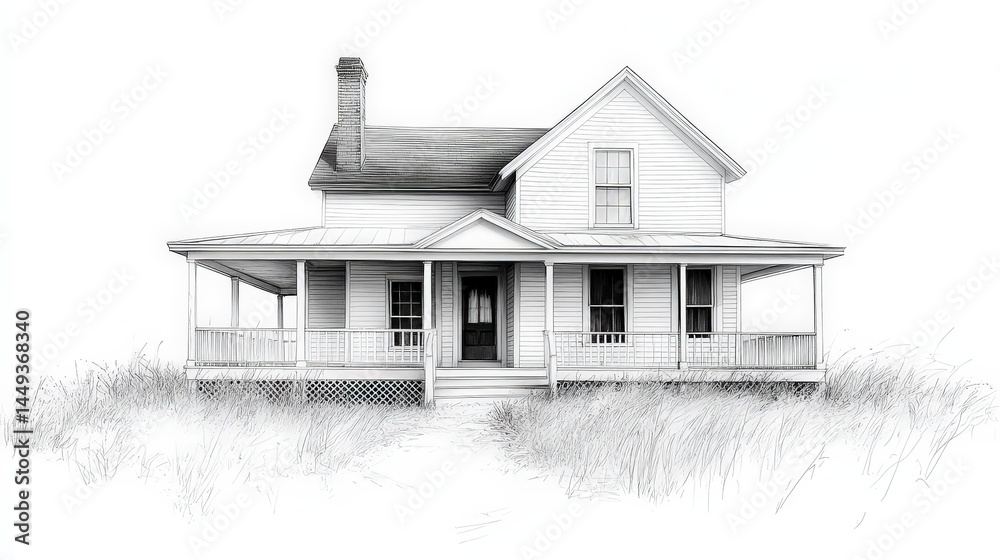 Pencil sketch of a simple farmhouse on a grassy field.