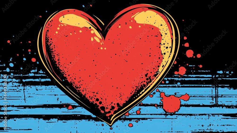 Vibrant heart graphic design on a textured background.