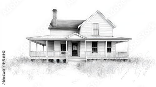 Pencil sketch of a simple farmhouse on a grassy field.