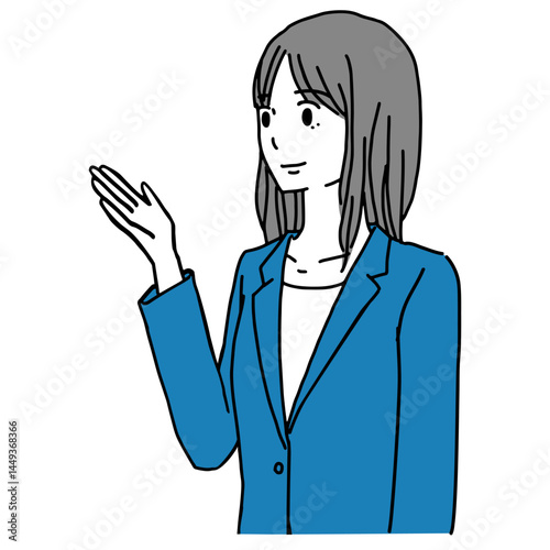 Illustration of the upper body of a young woman in a suit introducing with a smile