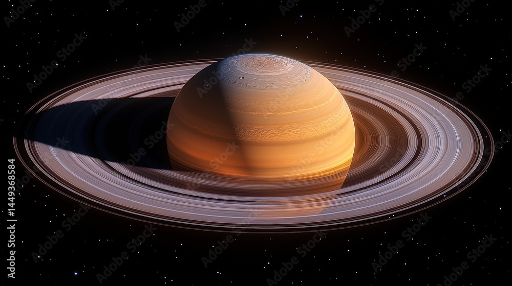 Detailed illustration of a ringed planet in space.