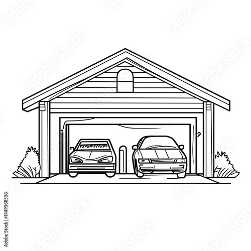 Line drawing of a garage with two cars and decorative landscaping  