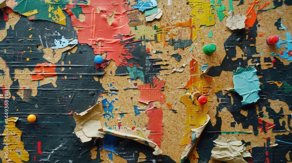 Naklejka premium Pinned sticky note with a torn paper label, grunge tape, and colorful pushpin secured to a modern office corkboard