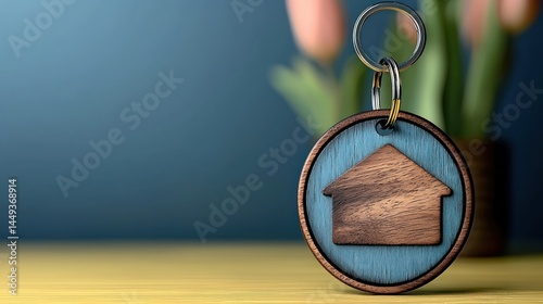 Key chain with house on wood table with flowers