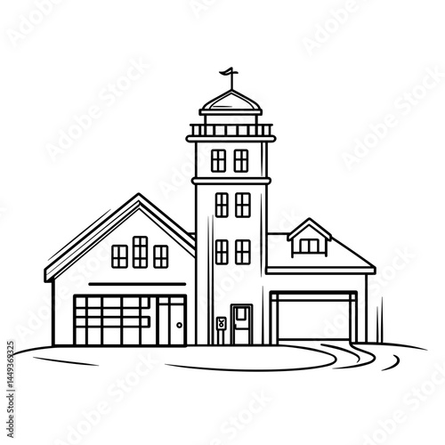 Fire station building with tower and garage in simple line drawing  