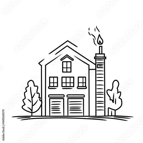Line drawing of a fire station with chimney and trees in view  