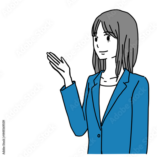 Illustration of the upper body of a young woman in a suit introducing herself with a smile