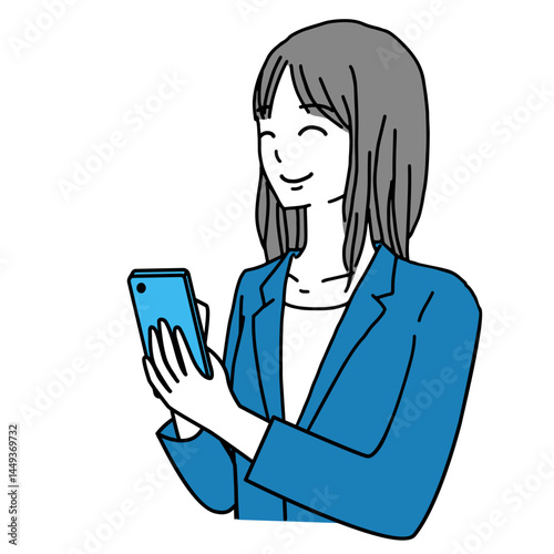 嬉しそうにスマートフォンを見る若いビジネスウーマンのイラスト