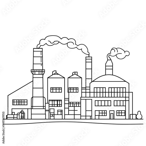 Industrial factory outline drawing with smoke emissions  