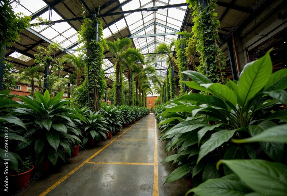 Lush green plants line a pathway in a greenhouse interior Lush green plants line a pathway in a greenhouse interior