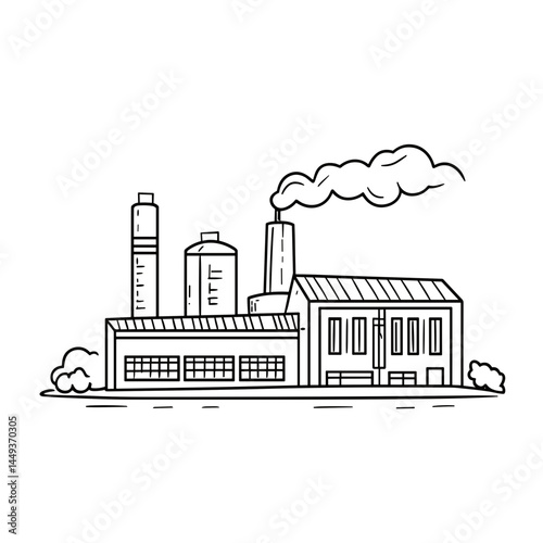 Factory outline drawing with smoke and tanks in a simple style  