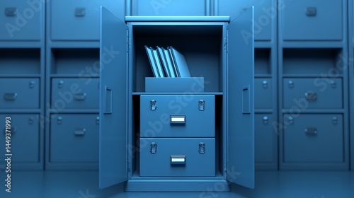 Open blue filing cabinet, documents inside
