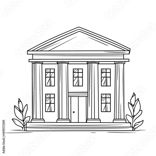 Courthouse illustration in linear style with plants outdoors  