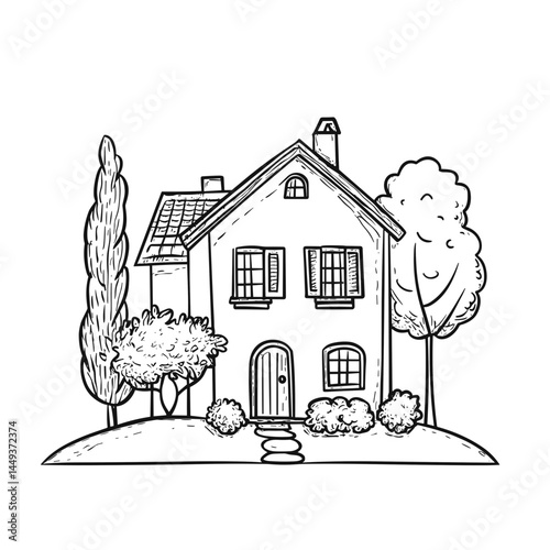 Cozy Country House Illustration Surrounded by Trees and Shrubs  